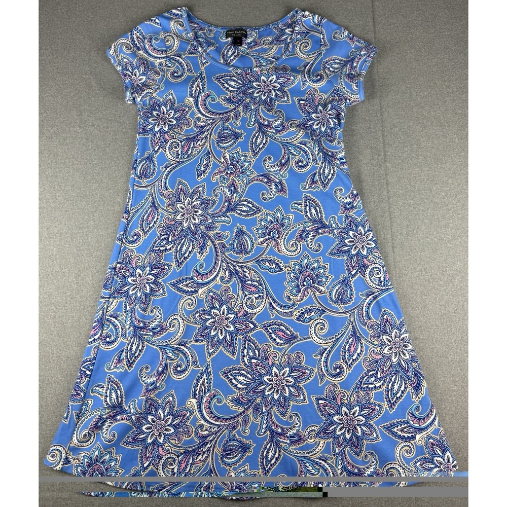 Miss Elaine Relax Dress Medium Blue Paisley Short Sleeve Pockets Cotton Blend